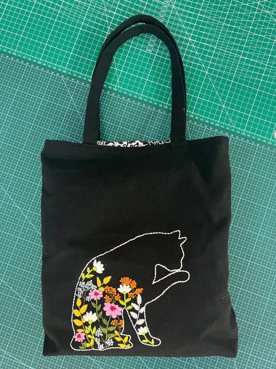 Hand-embroidered cat design from an embroidery class