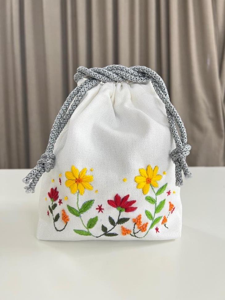 Handmade Drawstring Pouch from a Two Moles sewing class