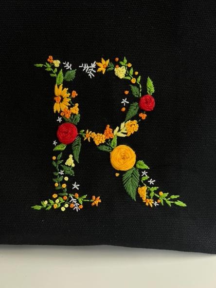 Handmade Name initial embroidery - R from a Two Moles sewing class