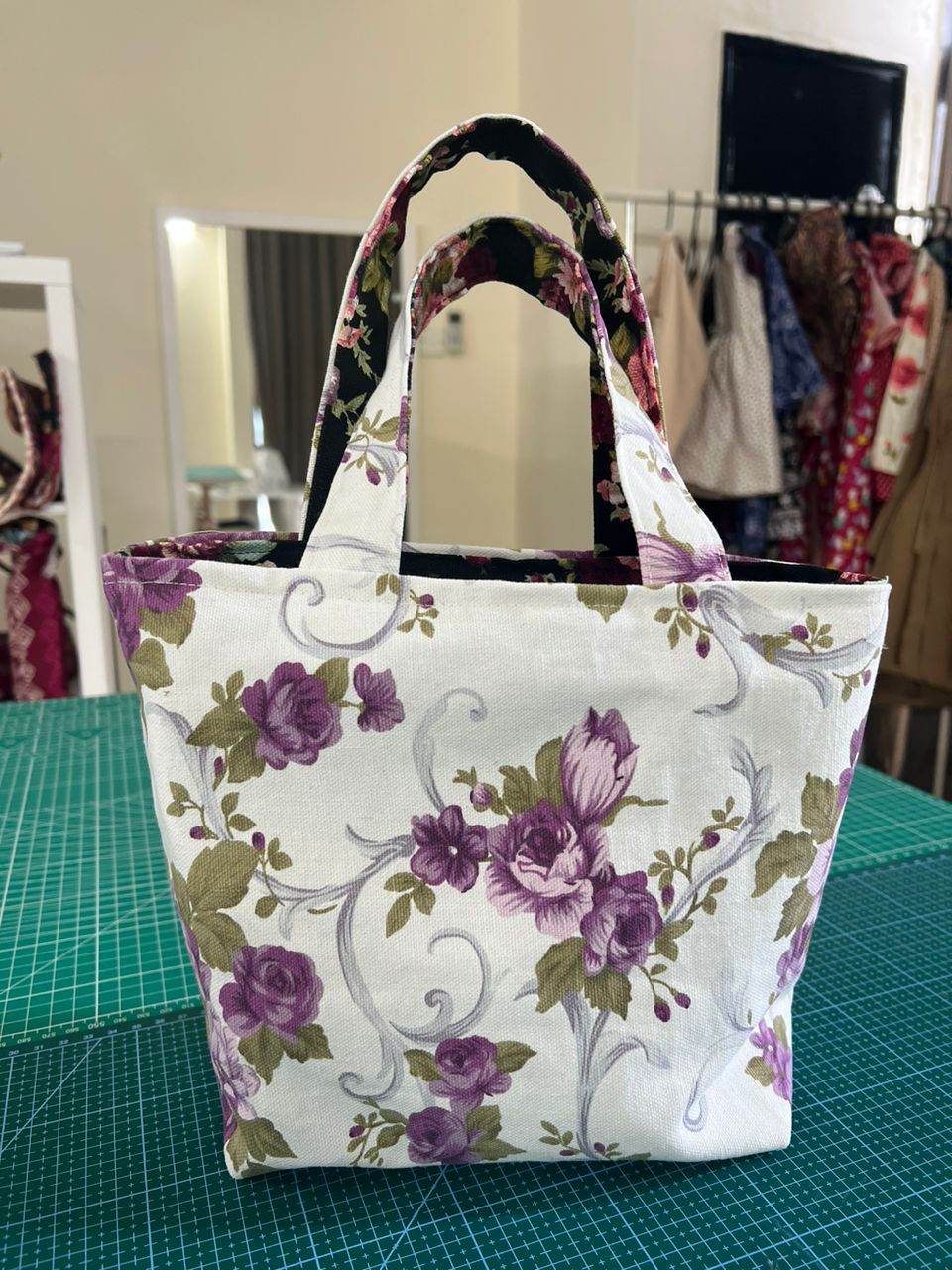Reversible mini tote bag made by a student